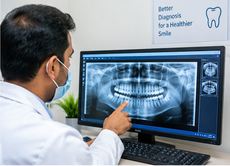 Dentist reviewing dental X-ray